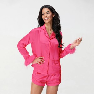 Women's Satin Feather Cuff Shirt + Shorts 2 Pieces Loungewear set 6
