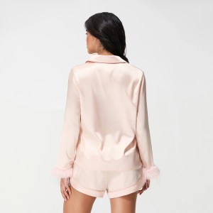 Women's Satin Feather Cuff Shirt + Shorts 2 Pieces Loungewear set 2