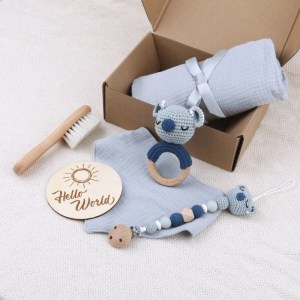 Handmade Crochet Animal Baby Teether Toy - Wooden Teether, Stuffed Doll, Muslin Blanket & Newborn Gift Box 2