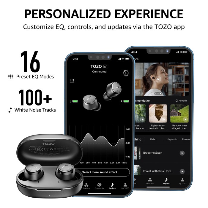 TOZO E1 Built in Mic Earbuds in ear Ergonomic Headsets Wireless Charging IPX6 Waterproof 32 EQs APP Support 2