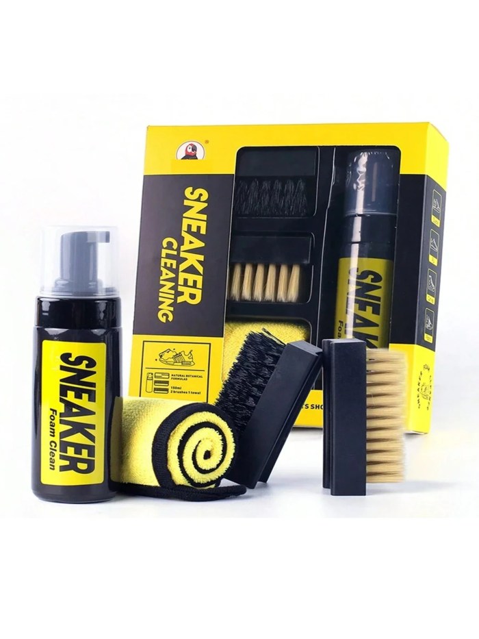 Shoe Cleaner Care Kit for Leather, Knit, Canvas, and PU Sneakers - 2 Brushes, 5.3oz Cleaning Solution & 1 Towel