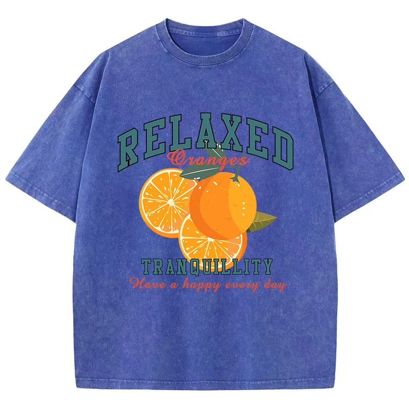 Oversized Women's Washed T-Shirt – Fresh Orange Print, Distressed Cotton Crewneck Tee, Vintage Style 5
