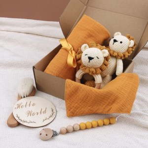 Handmade Crochet Animal Baby Teether Toy - Wooden Teether, Stuffed Doll, Muslin Blanket & Newborn Gift Box 3