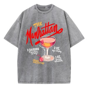 Oversized Women’s Washed T-Shirt – Manhattan Cherry Cocktail Print, Distressed Cotton Crewneck Tee 2