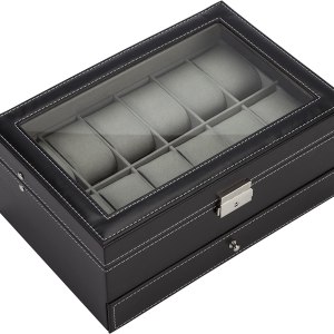 black leather watch box jewelry display case with drawers (12 slots with 2 layers)