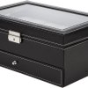 black leather watch box jewelry display case with drawers (12 slots with 2 layers)
