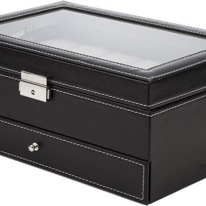 black leather watch box jewelry display case with drawers (12 slots with 2 layers)