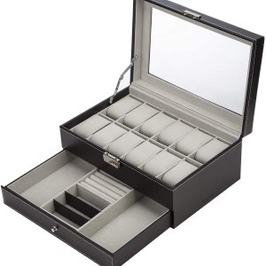 black leather watch box jewelry display case with drawers (12 slots with 2 layers)