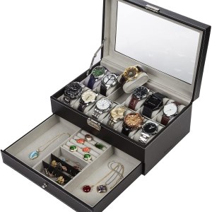 black leather watch box jewelry display case with drawers (12 slots with 2 layers)