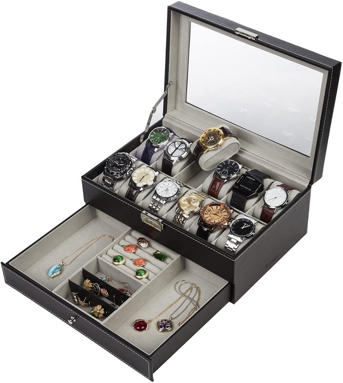 black leather watch box jewelry display case with drawers (12 slots with 2 layers)