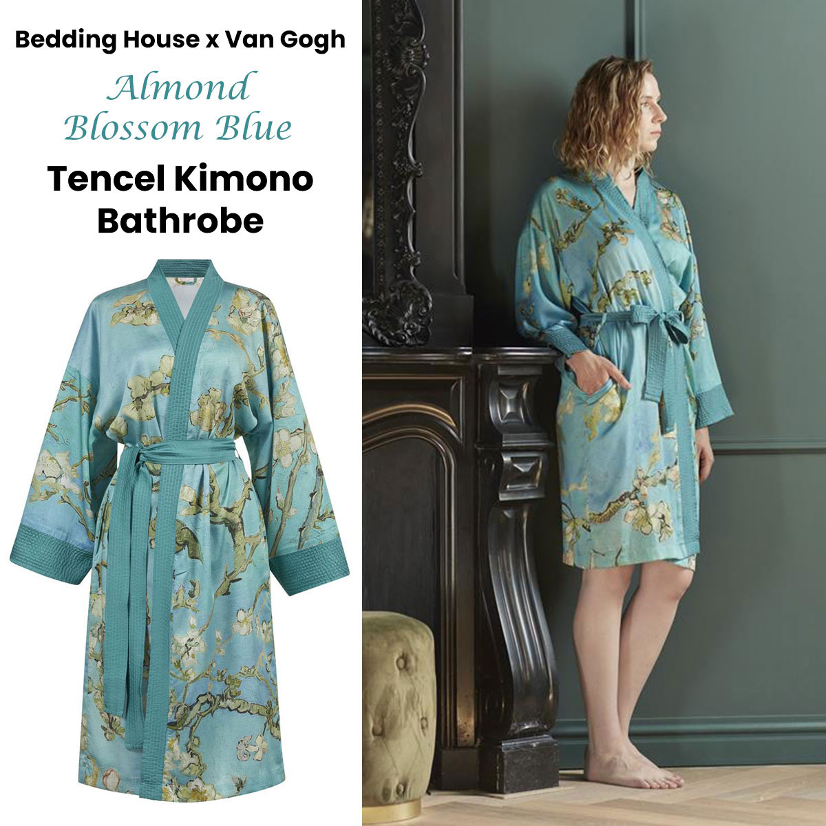 bedding house van gogh almond blossom blue kimono bath robe large/extra large bedding house van gogh almond blossom blue kimono bath robe large/extra large