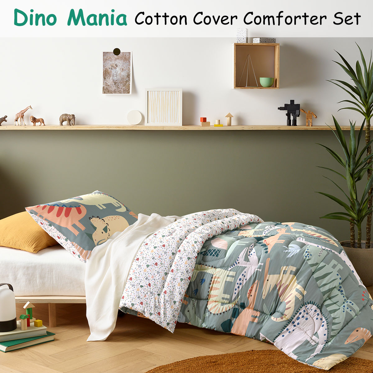happy kids dino mania green 2 piece comforter set single