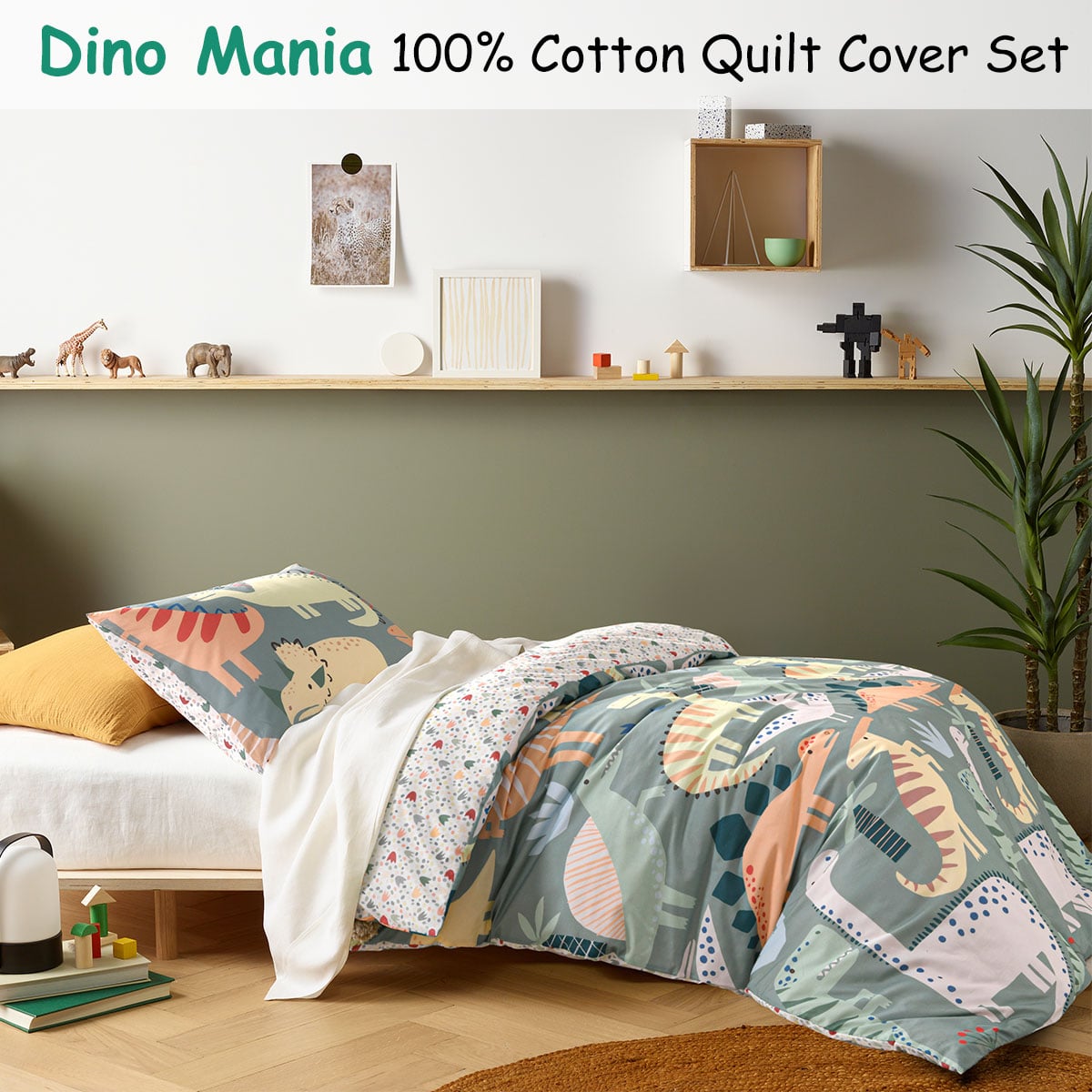 happy kids dino mania green cotton quilt cover set single