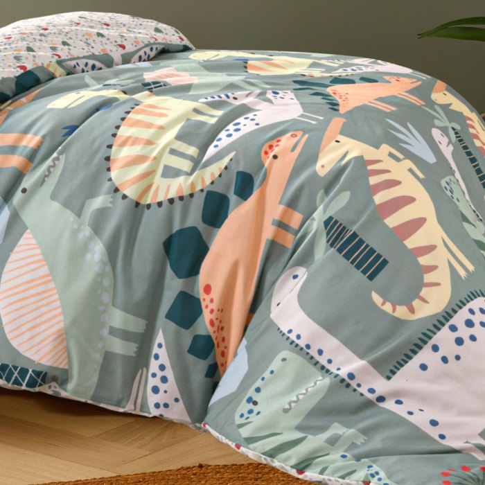 happy kids dino mania green cotton quilt cover set single