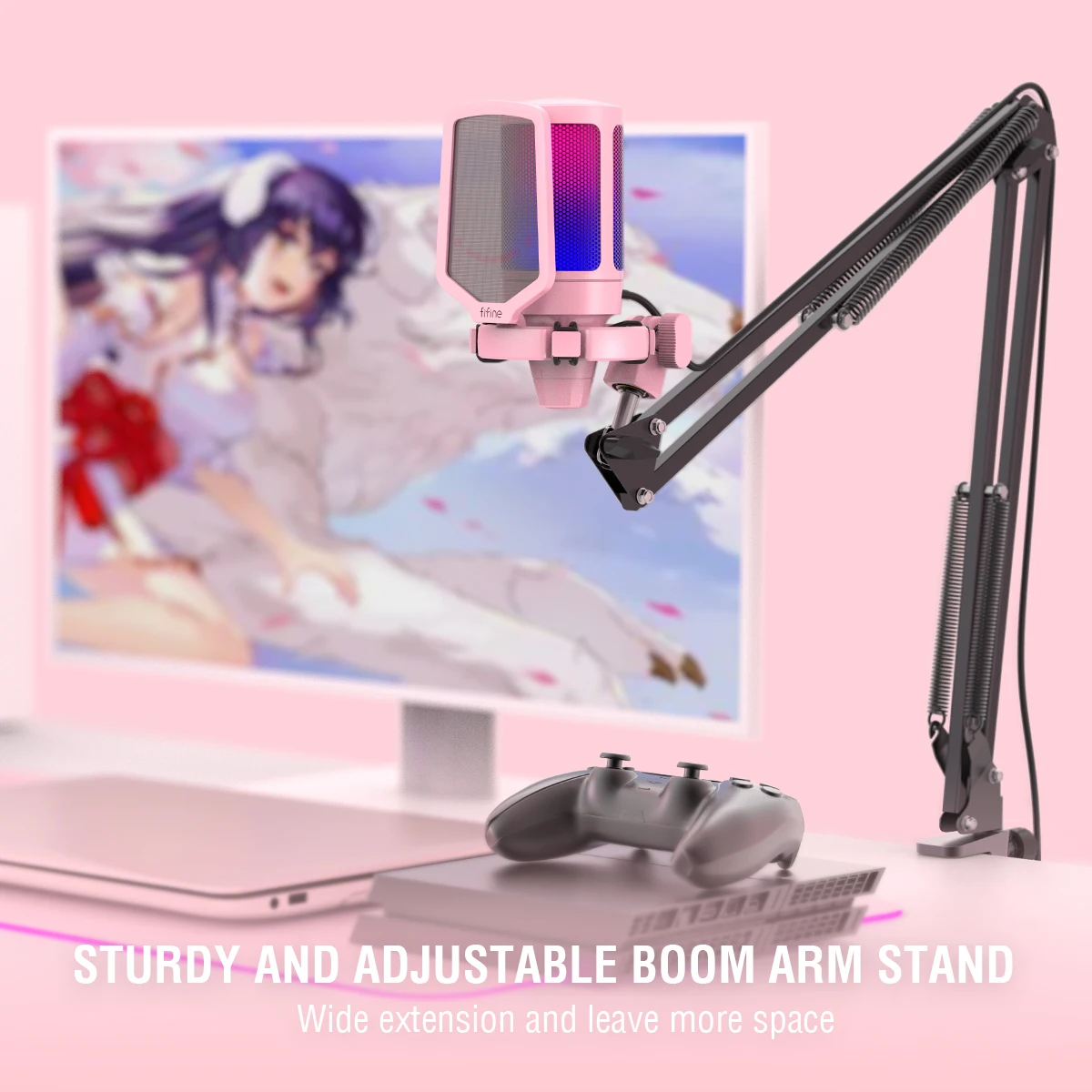 FIFINE USB Gaming Microphone Kit for PC,PS4/5 Condenser Cardioid Mic Set with Mute Button/RGB /Arm Stand 4