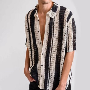 Men’s Knitted Black and White Stripe Vacay Shirt 2