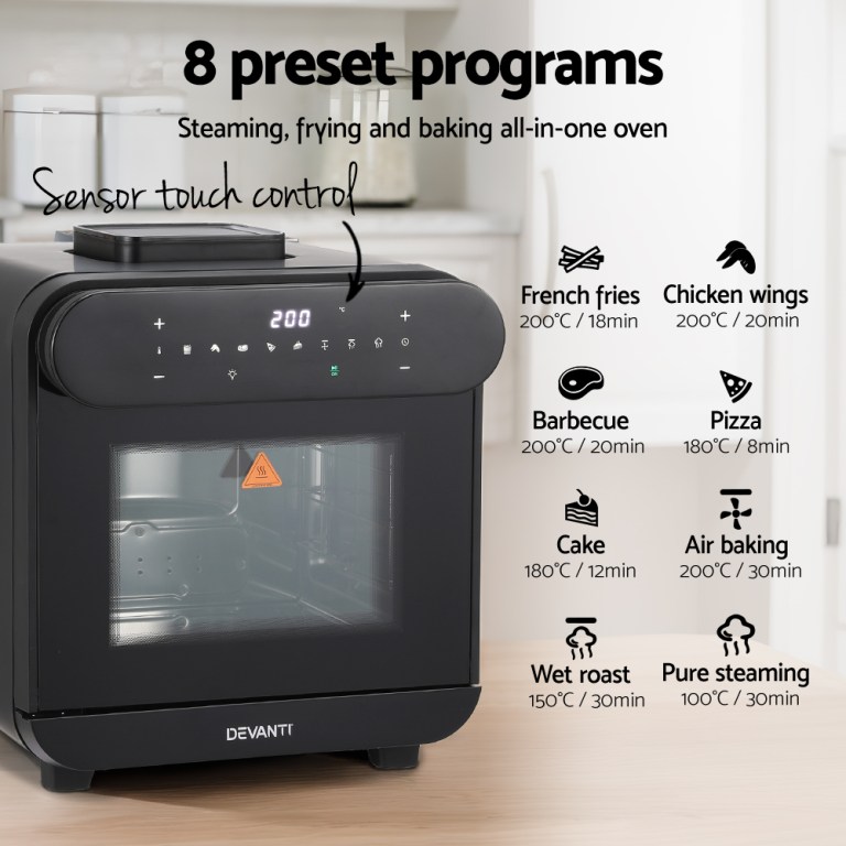 devanti steam air fryer oven 15l w/ lcd touch 1600w