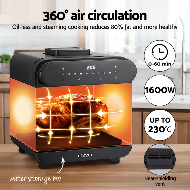 devanti steam air fryer oven 15l w/ lcd touch 1600w