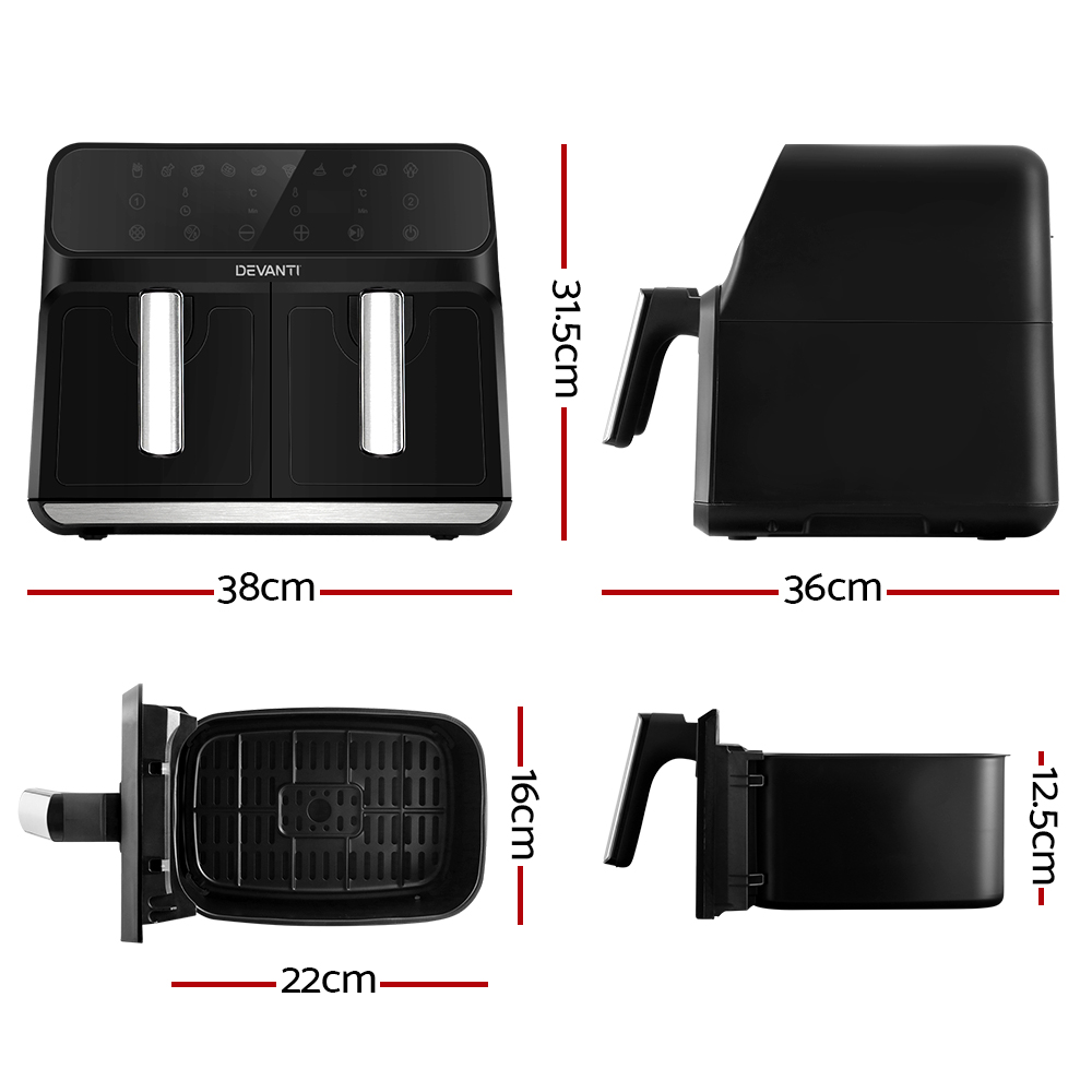 devanti air fryer 8l dual zone fryers