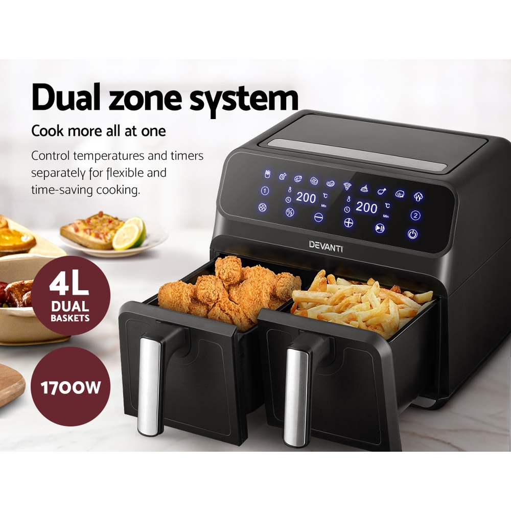 devanti air fryer 8l dual zone fryers