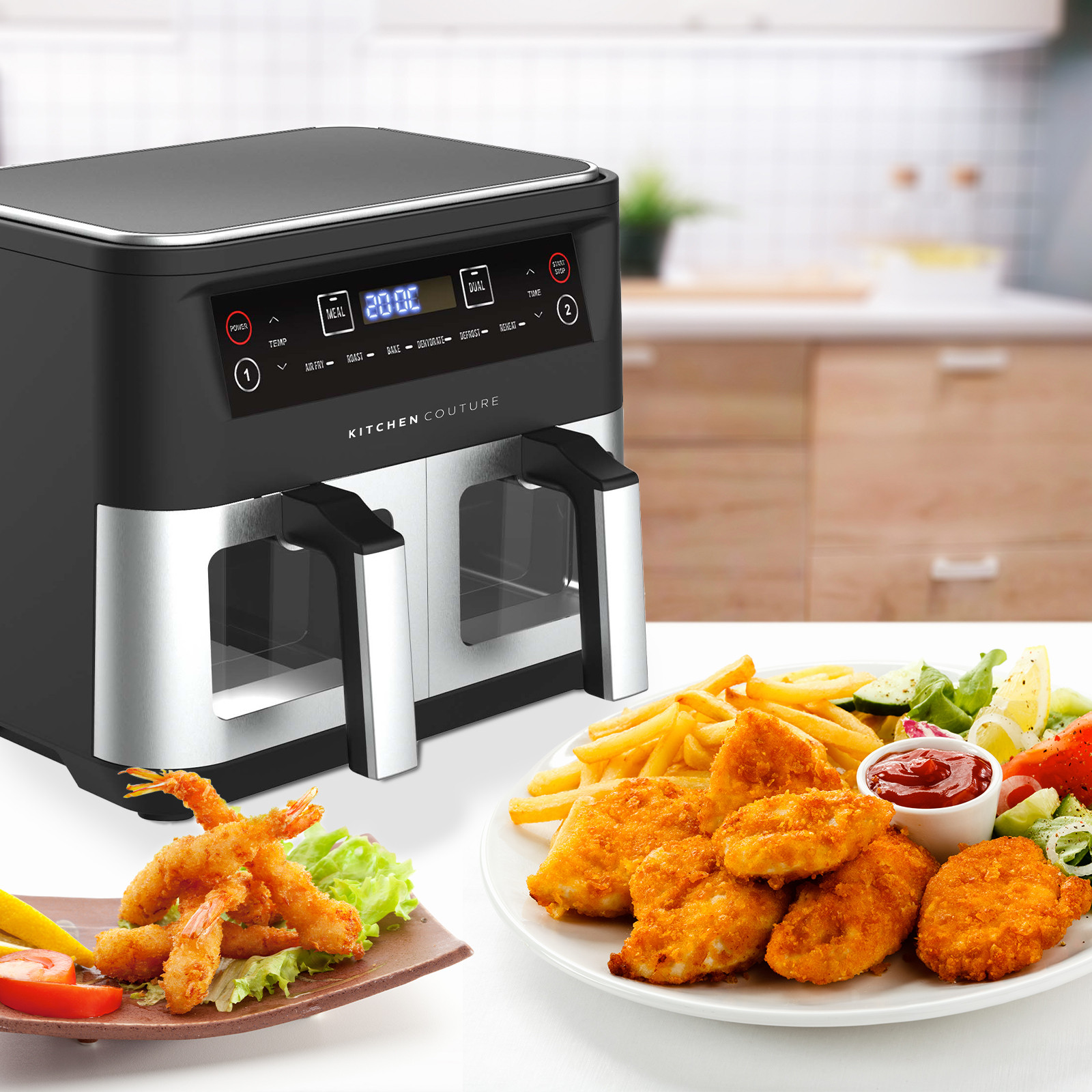 kitchen couture dual view 2 x 5 litre (10 litre) air fryer stainless steel