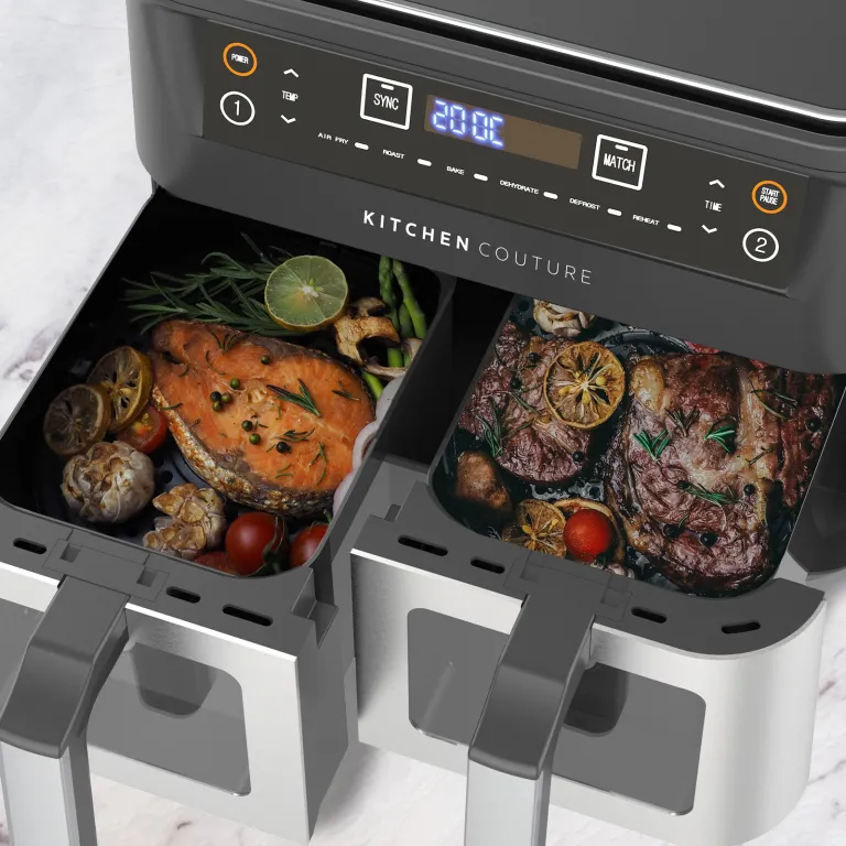 kitchen couture dual view 2 x 5 litre (10 litre) air fryer stainless steel kitchen couture dual view 2 x 5 litre (10 litre) air fryer stainless steel