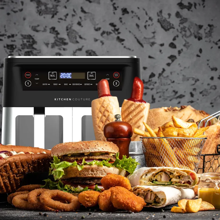 kitchen couture dual view 2 x 5 litre (10 litre) air fryer stainless steel kitchen couture dual view 2 x 5 litre (10 litre) air fryer stainless steel