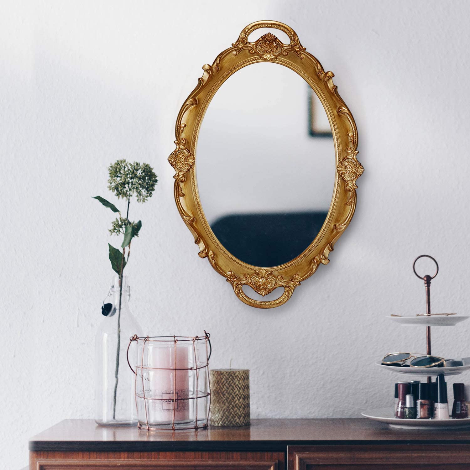 oval antique gold 25 x 38 cm vintage carved hanging wall mirror for bedroom and living room