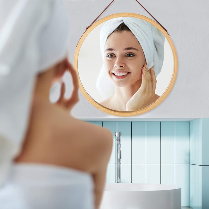 hanging round wall mirror 38 cm solid bamboo frame and adjustable leather strap for bathroom and bedroom hanging round wall mirror 38 cm solid bamboo frame and adjustable leather strap for bathroom and bedroom