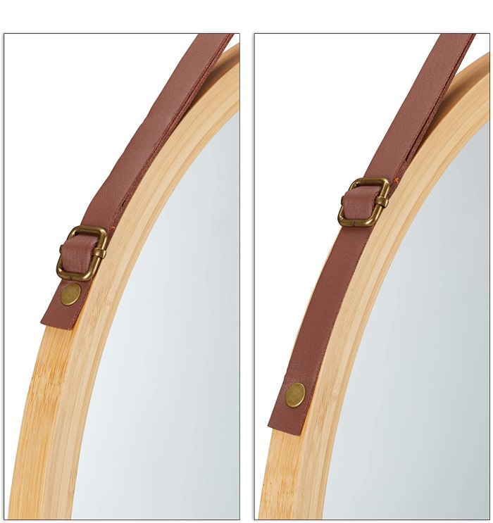 hanging round wall mirror 38 cm solid bamboo frame and adjustable leather strap for bathroom and bedroom hanging round wall mirror 38 cm solid bamboo frame and adjustable leather strap for bathroom and bedroom