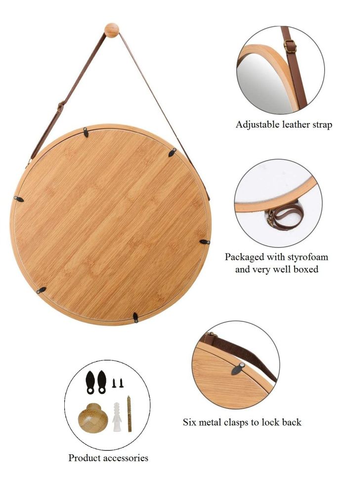 hanging round wall mirror 38 cm solid bamboo frame and adjustable leather strap for bathroom and bedroom hanging round wall mirror 38 cm solid bamboo frame and adjustable leather strap for bathroom and bedroom