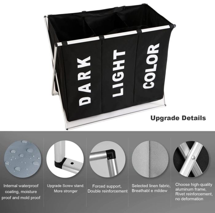 3 in 1 large 135l laundry clothes hamper basket with waterproof bags and aluminum frame (black)