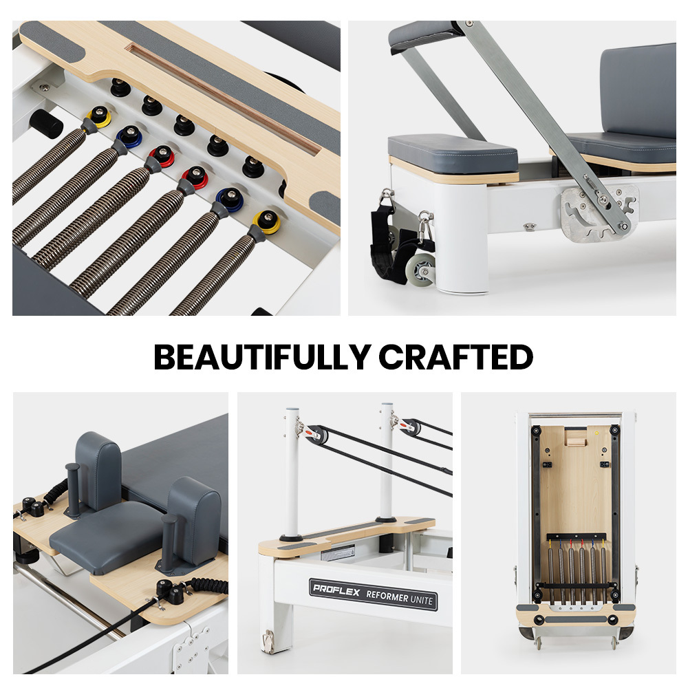 proflex aluminium pilates reformer machine, stretch bed with box and jump board accessories