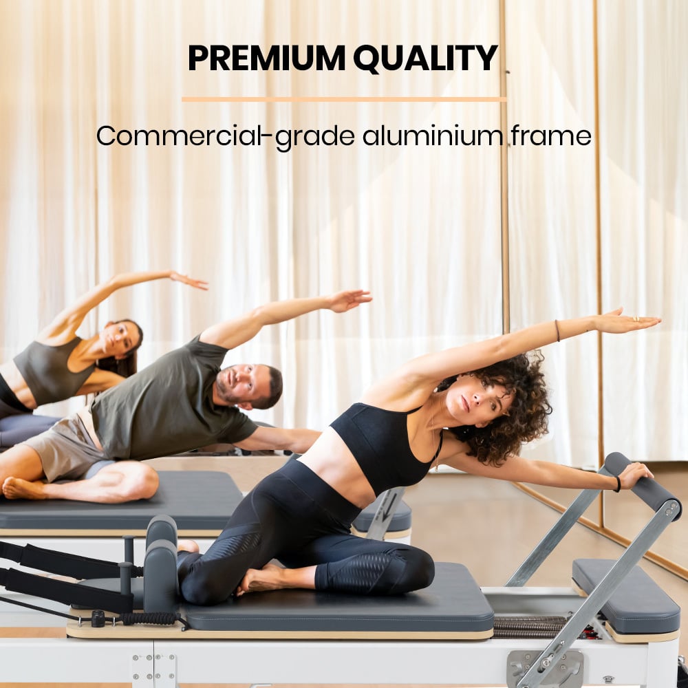 proflex aluminium pilates reformer machine, stretch bed with box and jump board accessories