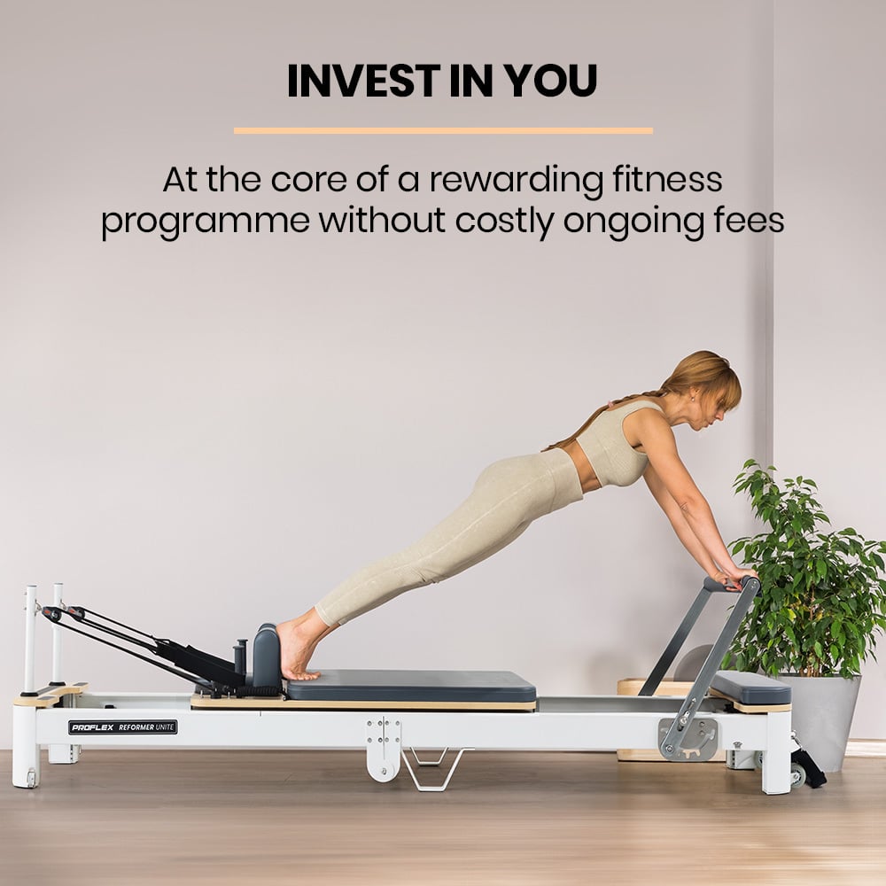 proflex aluminium pilates reformer machine, stretch bed with box and jump board accessories