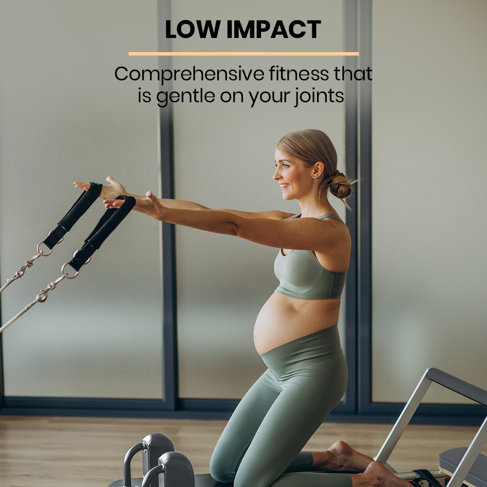 proflex aluminium pilates reformer machine, stretch bed with box and jump board accessories