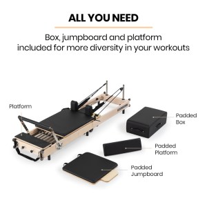 proflex wooden pilates reformer machine, stretch bed with box and jump board accessories proflex wooden pilates reformer machine, stretch bed with box and jump board accessories