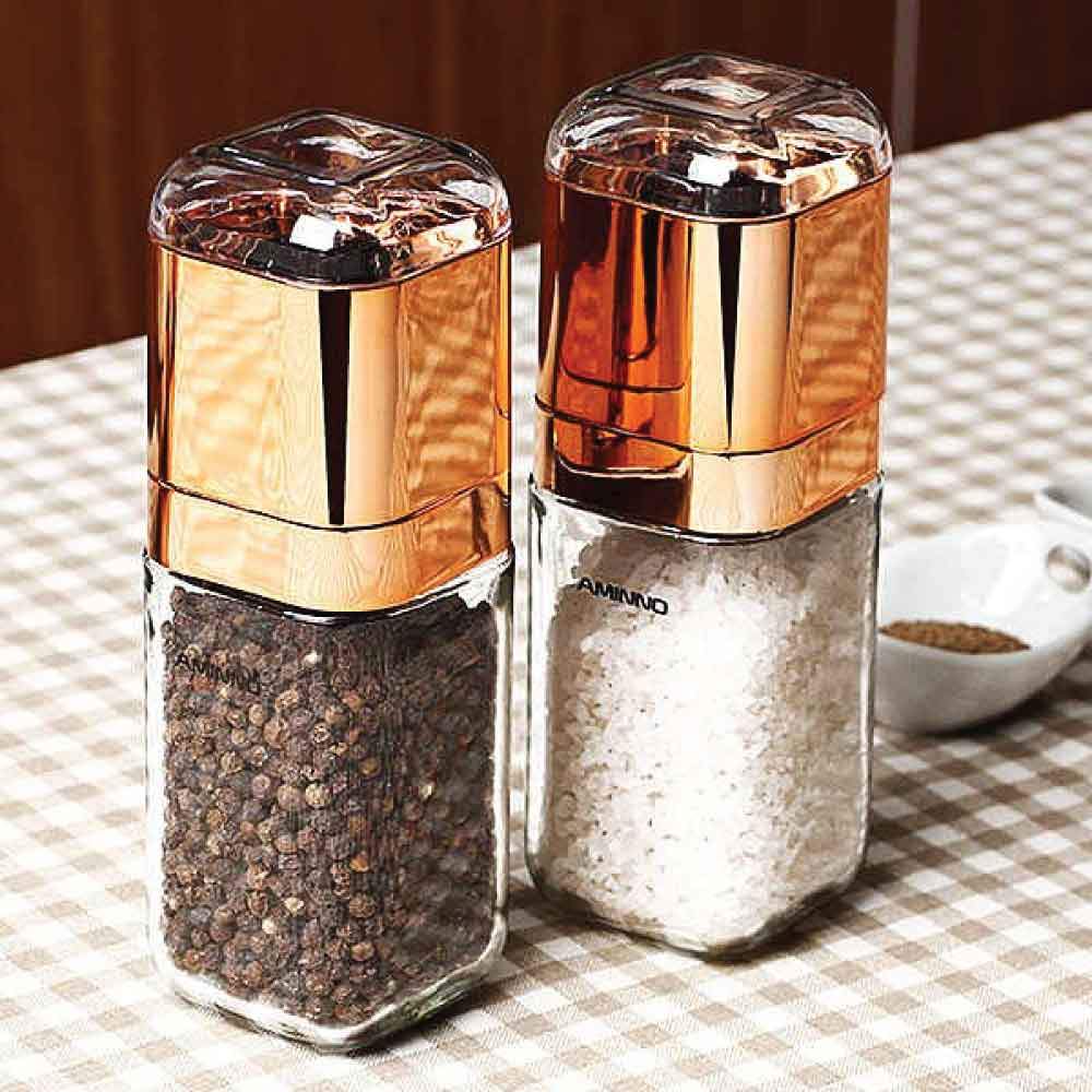 salt and pepper grinder 180ml glass design + rose gold bottle manual hand mill