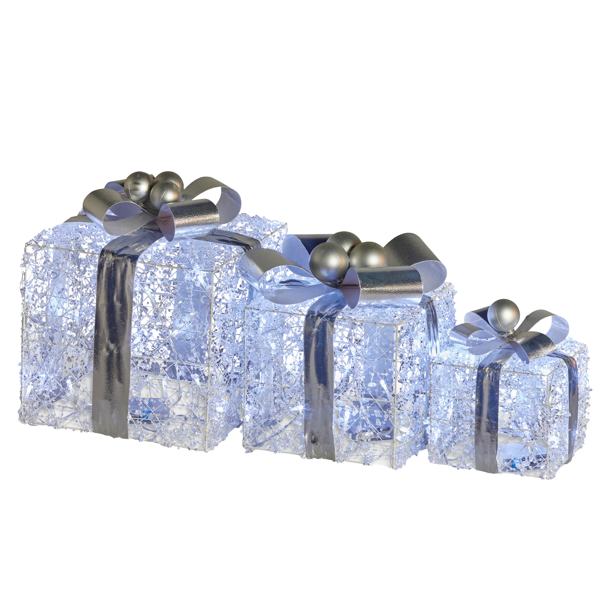 swishmas set of 3 christmas gift boxes with lights with jewelled wire and silver bows