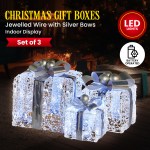 swishmas set of 3 christmas gift boxes with lights with jewelled wire and silver bows