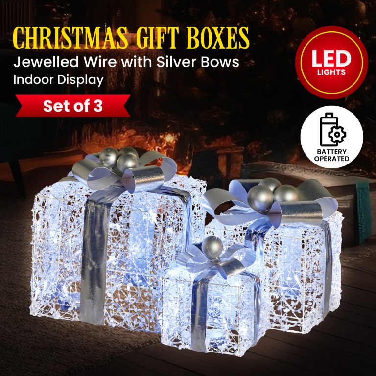 swishmas set of 3 christmas gift boxes with lights with jewelled wire and silver bows