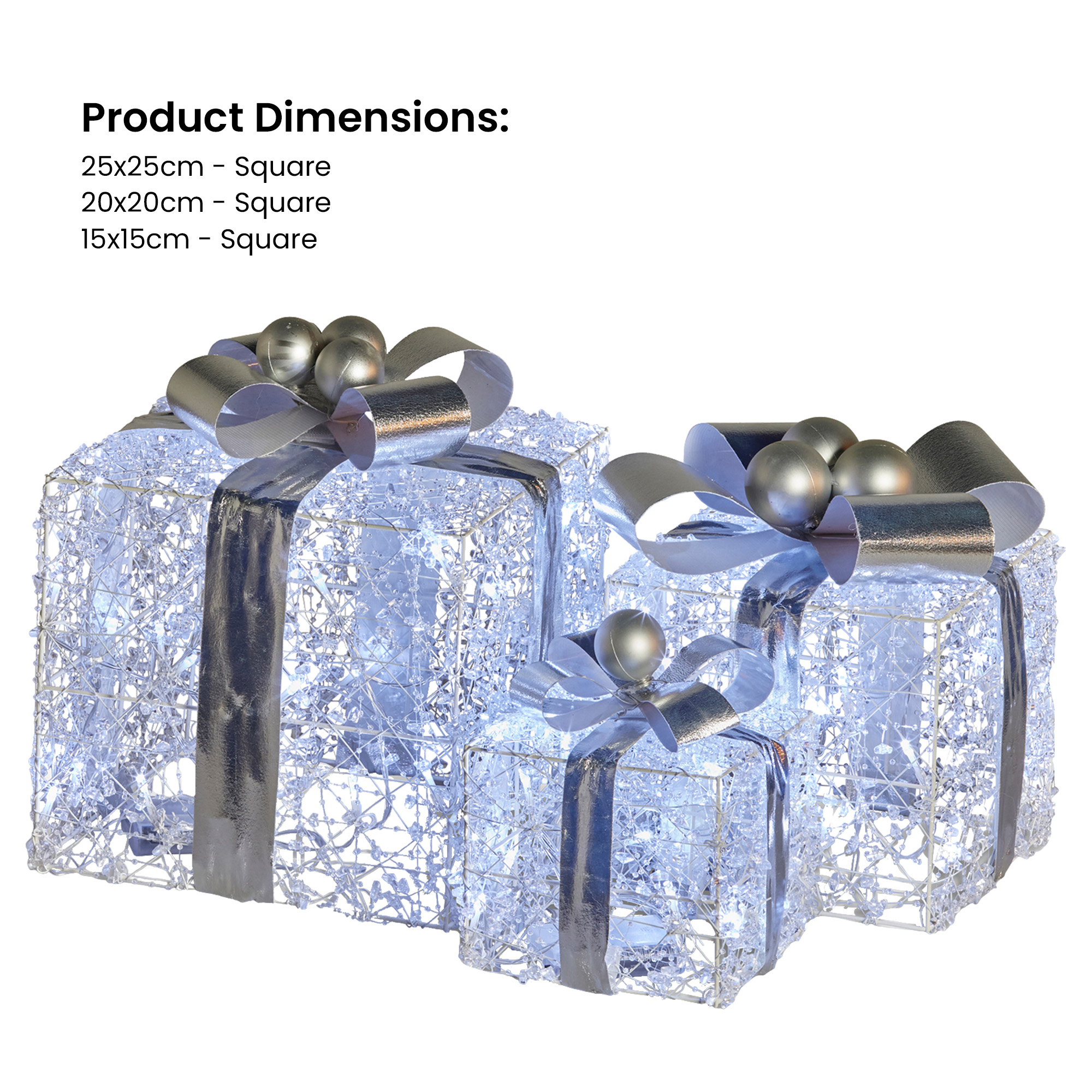 swishmas set of 3 christmas gift boxes with lights with jewelled wire and silver bows