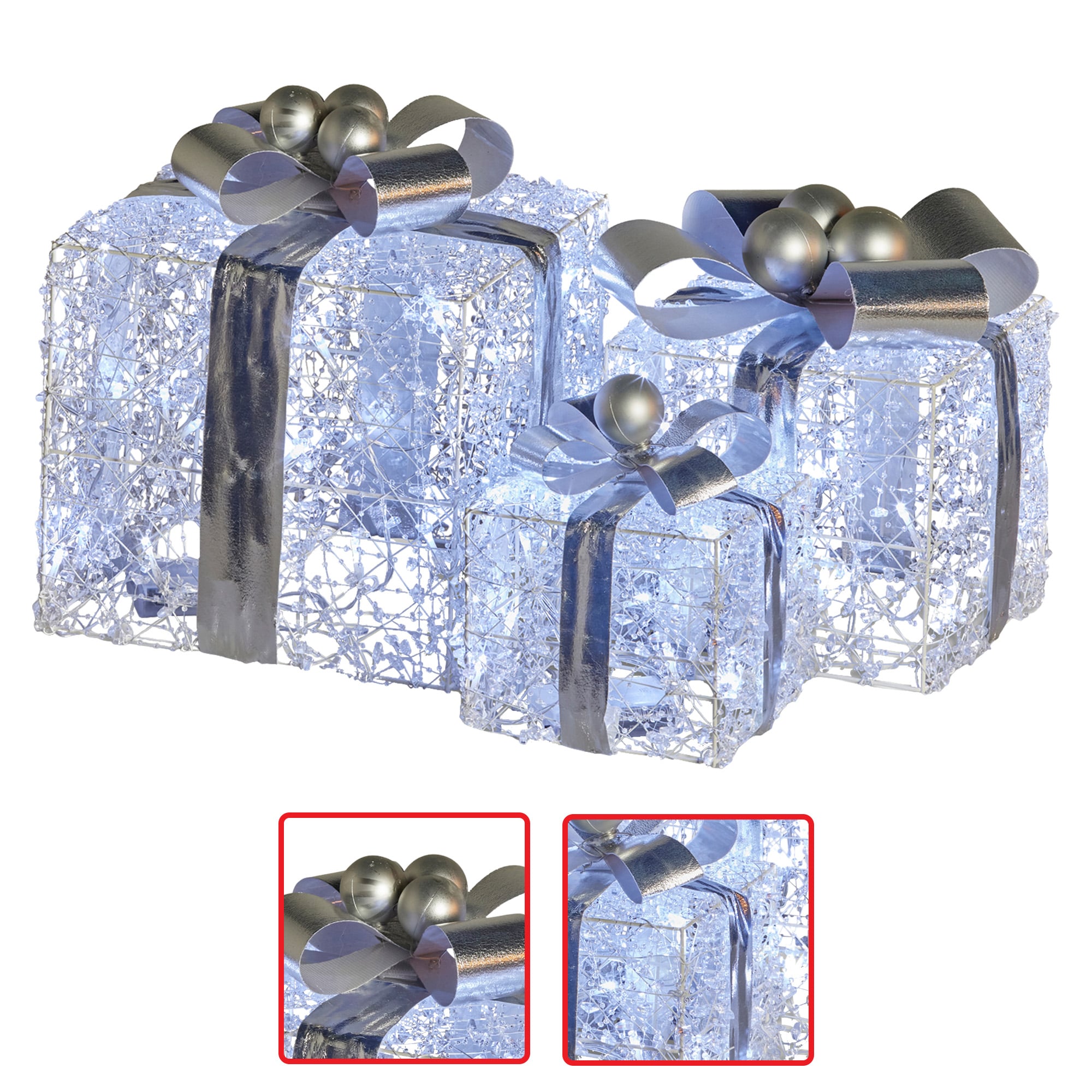 swishmas set of 3 christmas gift boxes with lights with jewelled wire and silver bows