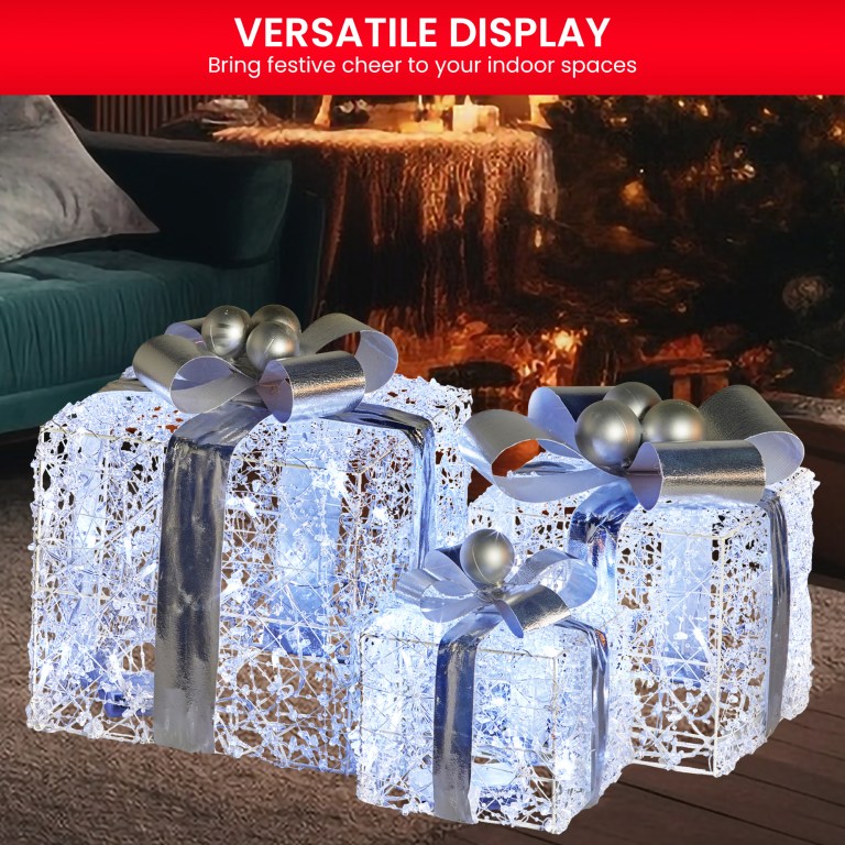 swishmas set of 3 christmas gift boxes with lights with jewelled wire and silver bows
