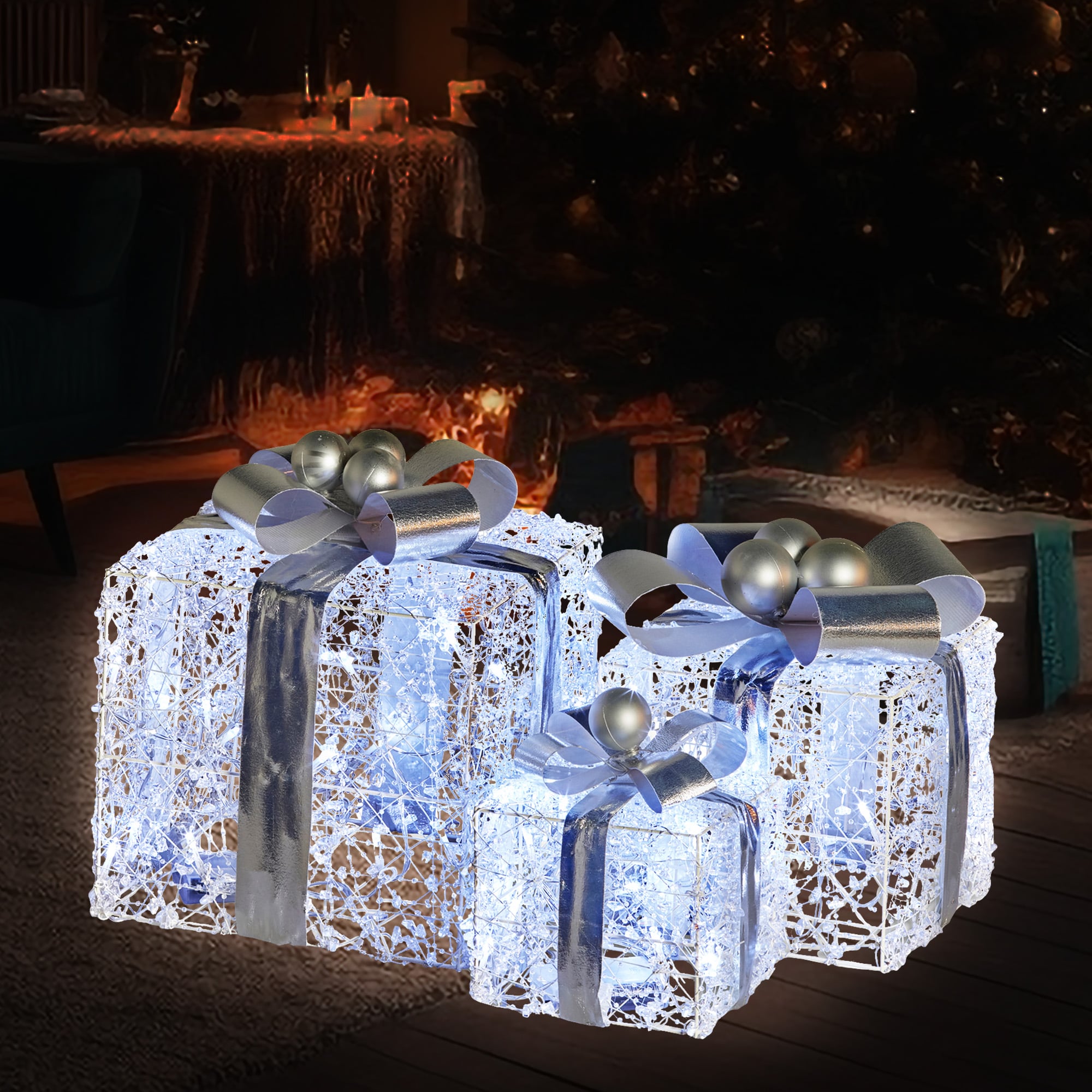 swishmas set of 3 christmas gift boxes with lights with jewelled wire and silver bows