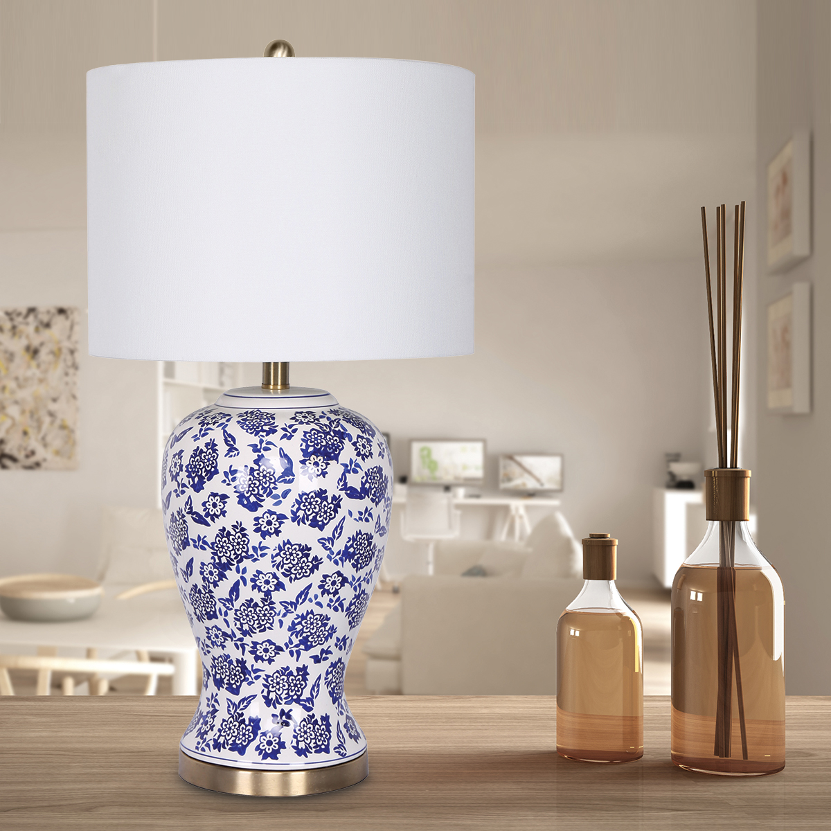 sarantino table lamp ceramic floral base cotton drum shade sarantino table lamp ceramic floral base cotton drum shade