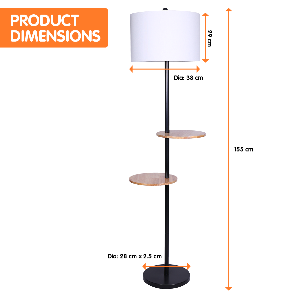 sarantino metal floor lamp shade with black post in round wood shelves