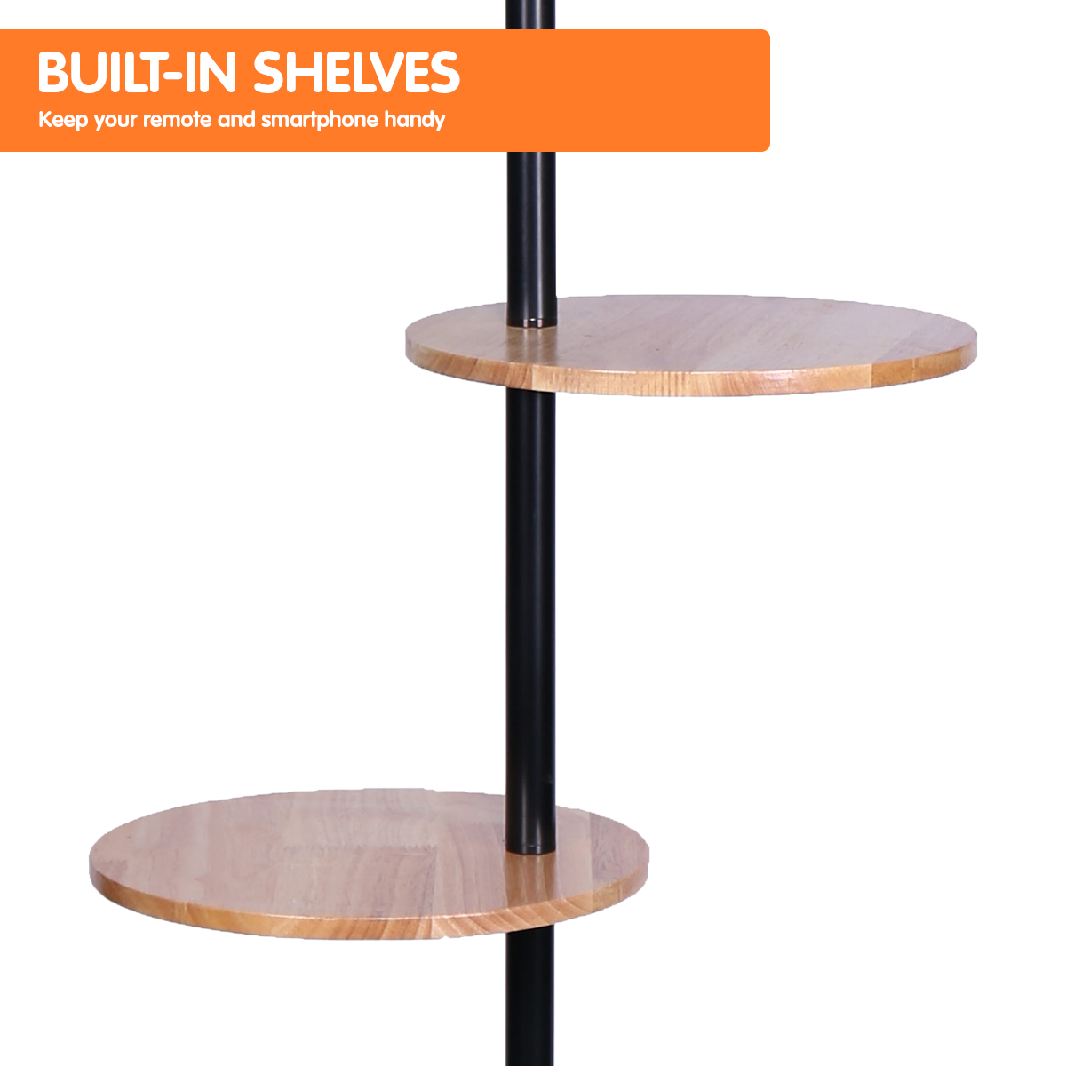 sarantino metal floor lamp shade with black post in round wood shelves