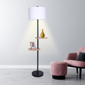 sarantino metal floor lamp shade with black post in round wood shelves