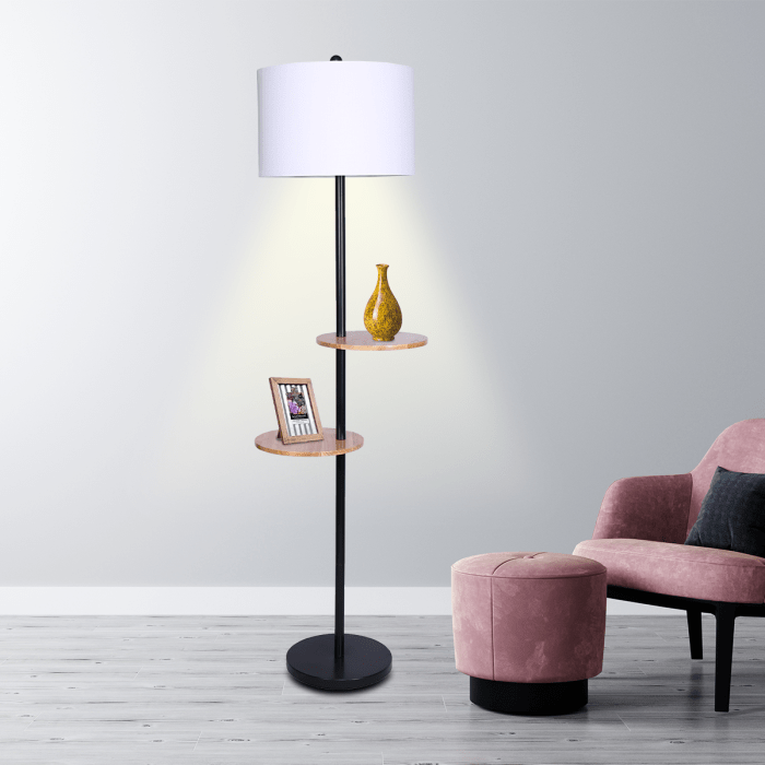 sarantino metal floor lamp shade with black post in round wood shelves sarantino metal floor lamp shade with black post in round wood shelves